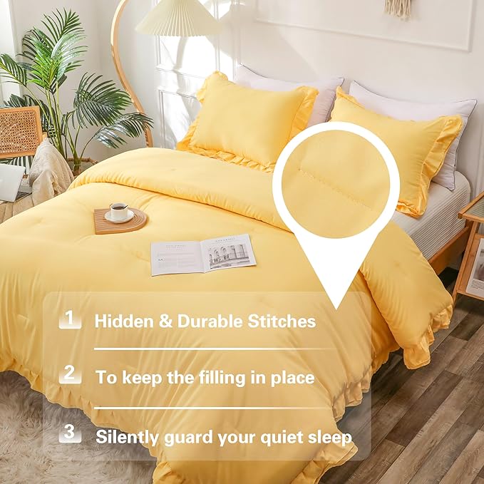 Yellow Double Ruffle Comforter Set Full Size (79x90 Inch), 3 Pcs Farmhouse Vintage Comforter Set (1 Ruffled Comforter and 2 Pillowcase), Rustic All Season Down Alternative Bedding Set - LeafyLoom
