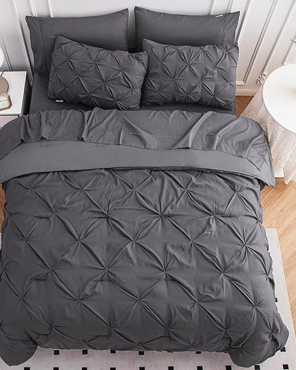 LANE LINEN Queen Size Comforter Set, 7 Piece Bedding Queen Size, Pintuck Comforters Queen Size Bed Set, Soft Queen Bed in a Bag Set, Queen Bed Comforter Set with Sheets, Pillowcases & Shams - Grey - LeafyLoom