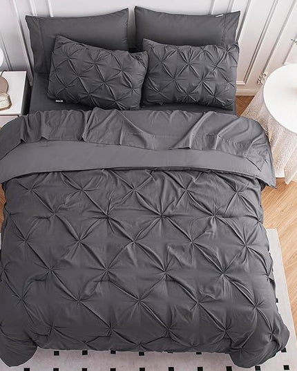 LANE LINEN King Size Comforter Set with Sheets, Pillowcases & Shams, 7 Piece Bed in a Bag Set King Size, Pintuck King Bed Comforter Set, Soft King Bedding Set, Pinch Pleated King Size Bed Set - Grey - LeafyLoom