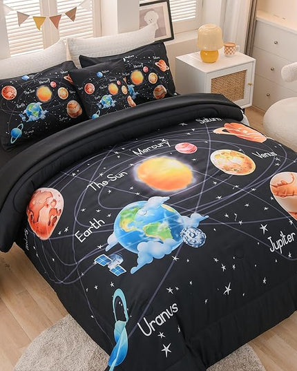 6 Pcs Outer Space Bedding Set Twin Solar System Comforter Set Universe Planets Theme Comforter for Boys Kids Ultra-Soft (1 Comforter, 2 Pillowcases, 1 Flat Sheet, 1 Fitted Sheet,1 Pillowcover) - LeafyLoom
