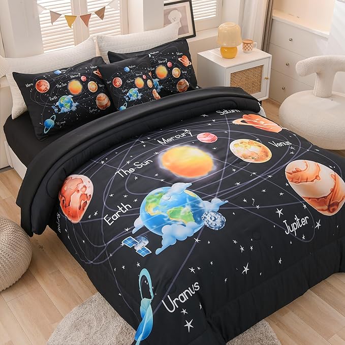 6 Pcs Outer Space Bedding Set Twin Solar System Comforter Set Universe Planets Theme Comforter for Boys Kids Ultra-Soft (1 Comforter, 2 Pillowcases, 1 Flat Sheet, 1 Fitted Sheet,1 Pillowcover) - LeafyLoom
