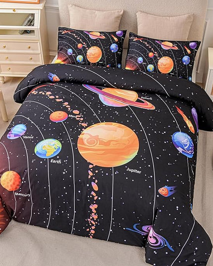 Solar System Comforter Set King Outer Space Room Decor Bedding Set 3 Pieces 1 Planets Theme Comforter and 2 Pillow Shams for Boys Kids Ultra-Soft Microfiber All Seasons for Bedroom Sofa - LeafyLoom
