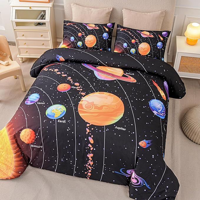 Solar System Comforter Set King Outer Space Room Decor Bedding Set 3 Pieces 1 Planets Theme Comforter and 2 Pillow Shams for Boys Kids Ultra-Soft Microfiber All Seasons for Bedroom Sofa - LeafyLoom