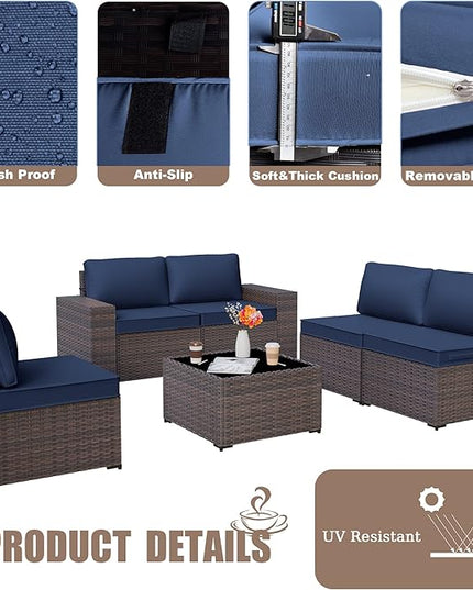 Patio Furniture Set Sofa 6pcs Wicker Sectional Sofa Set, Outdoor Furniture Rattan Patio Conversation Set with Thickened Cushions and Glass Coffee Table, Dark Blue - LeafyLoom