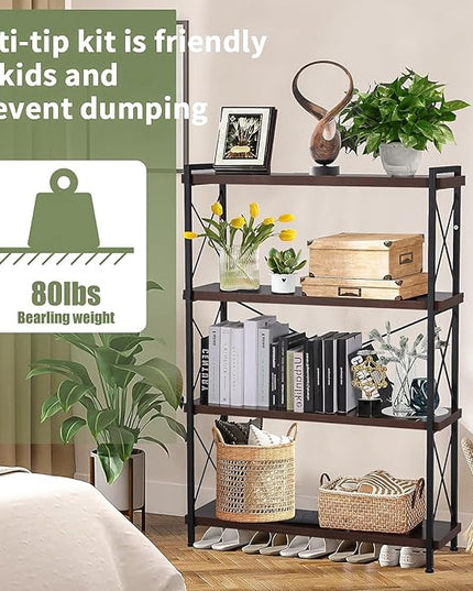 Small Shelf Industrial Bookshelf,4-Tier Wood Short Book Shelf Office Shelves with Metal Frame,Rustic Bookshelves Open Shelf Bookcase for Bedroom,Living Room,Office Home(Berry Brown) - LeafyLoom