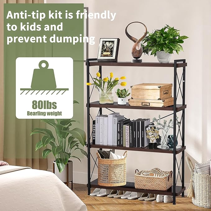 Small Shelf Industrial Bookshelf,4-Tier Wood Short Book Shelf Office Shelves with Metal Frame,Rustic Bookshelves Open Shelf Bookcase for Bedroom,Living Room,Office Home(Berry Brown) - LeafyLoom