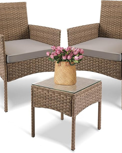 YIYAN 3 Pieces Patio Bistro Set Outdoor Wicker Furniture Outdoor Porch PE Rattan Wicker Chairs Furniture Sets with Sofa Chairs,Glass Coffee Table and Gray Washable Cushion - LeafyLoom