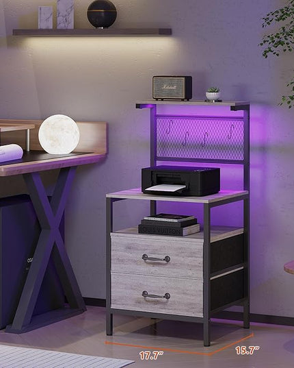 Tall Nightstand Set of 2 with Charging Station and LED Lights, Night Stand with Fabric Drawers, Bedside Table 36.4 Inch with Storage Shelves, Side Table, Mesh Shelves with Hooks, Greige - LeafyLoom