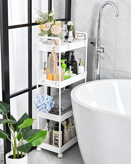 AROGAN Rolling Storage Cart with Wheels, 4 Tier Bathroom Storage Cart Laundry Room Organizer, Rolling Utility Cart for Kitchen, Bathroom, Laundry Room, Office, Narrow Place (White) - LeafyLoom
