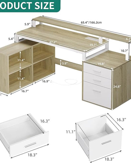 YITAHOME L Shaped Desk with 3 Drawers, 65" Corner Computer Desk with Power Outlets & LED Lights, L-Shaped Desk with File Cabinet & Printer Stand for Home Office, White & Oak - LeafyLoom