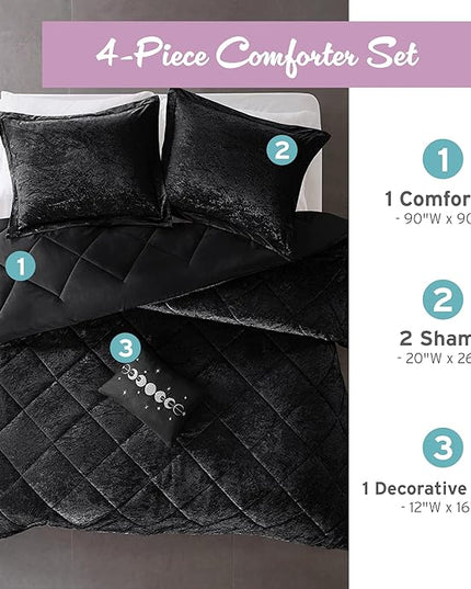 Intelligent Design Queen Comforter Set, Velvet Comforter Set , Luxury Diamond Quilting Comforter Set, Fluffy Comforter Bed Set with Decorative Pillowand 2 Shams, 4 Piece Black, Full/Queen - LeafyLoom
