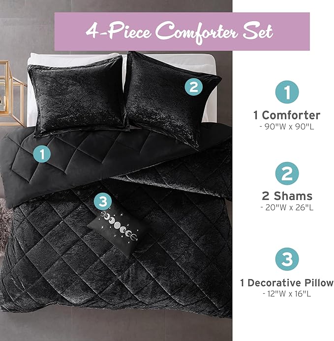 Intelligent Design Queen Comforter Set, Velvet Comforter Set , Luxury Diamond Quilting Comforter Set, Fluffy Comforter Bed Set with Decorative Pillowand 2 Shams, 4 Piece Black, Full/Queen - LeafyLoom
