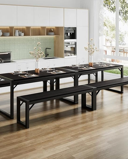 SHA CERLIN Dining Table Set with Two Benches, Rustic Kitchen Table Set for 4 people, Space-Saving Dinette, Heavy Duty Sturdy Structure, Easy Assemble, Black/Black - LeafyLoom