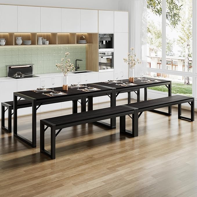 SHA CERLIN Dining Table Set with Two Benches, Rustic Kitchen Table Set for 4 people, Space-Saving Dinette, Heavy Duty Sturdy Structure, Easy Assemble, Black/Black - LeafyLoom