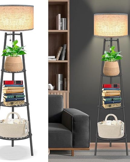 Floor Lamp with Shelves for Living Room， Standing Lamp，Tall Lamp， Amparas Elegantes Para Sala with Linen Shade，Modern Floor Lamp for Living Room，Bedroom or Office（Black Floor Lamp） - LeafyLoom