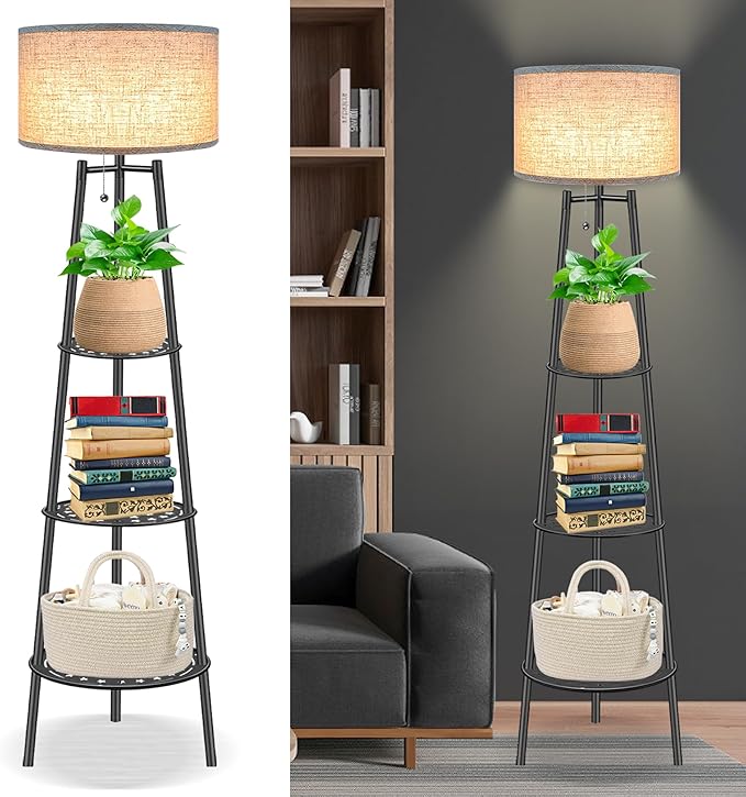 Floor Lamp with Shelves for Living Room， Standing Lamp，Tall Lamp， Amparas Elegantes Para Sala with Linen Shade，Modern Floor Lamp for Living Room，Bedroom or Office（Black Floor Lamp） - LeafyLoom