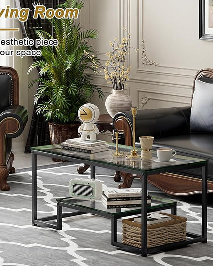 Coffee Table Black Glass Coffee Table for Living Room,2 Tiers Rectangle Center Table with Sturdy Metal Frame,Modern Tempered Glass Accent Table for Bedroom Home Office - LeafyLoom