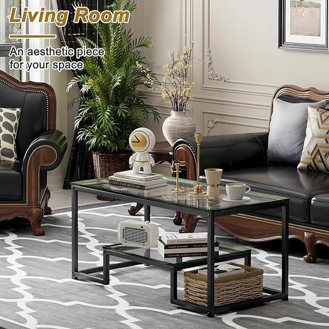 Coffee Table Black Glass Coffee Table for Living Room,2 Tiers Rectangle Center Table with Sturdy Metal Frame,Modern Tempered Glass Accent Table for Bedroom Home Office - LeafyLoom