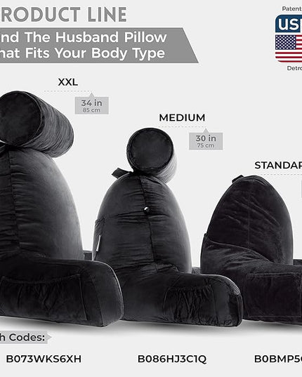 Husband Pillow XXL Black Backrest with Arms - Adult Reading Pillow with Shredded Memory Foam, Ultra-Comfy Removable Microplush Cover & Detachable Neck Roll - Unmatched Support Bed Rest Sit Up Pillow - LeafyLoom