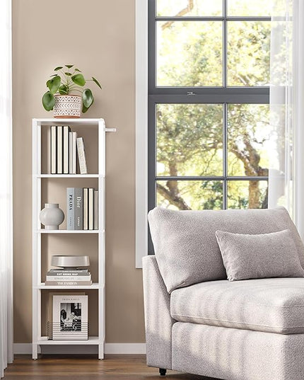 TUTOTAK Bookshelf, 5-Tier Tall Book Shelf, Narrow Bookcase for Small Space, DIY Stackable Bookshelf, for Living Room, Office, Study, Entryway, Industrial, White BS01BW005 - LeafyLoom
