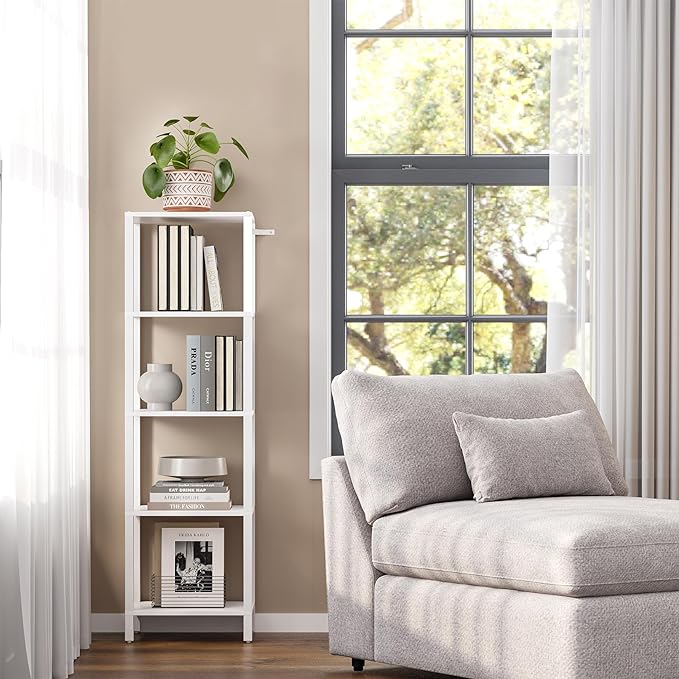 TUTOTAK Bookshelf, 5-Tier Tall Book Shelf, Narrow Bookcase for Small Space, DIY Stackable Bookshelf, for Living Room, Office, Study, Entryway, Industrial, White BS01BW005 - LeafyLoom