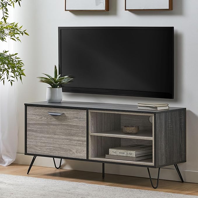 Merax Stand for TVs Up to 50 Inch, Modern Entertainment Center with Fold 2 Shelves Cable Management Media Console Table Television Cabinet for Living Room, Bedroom, 47.3" Long, Light Gray - LeafyLoom