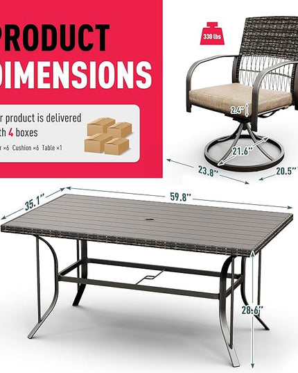 Pamapic 7 Piece Outdoor Dining Set, Rattan Outdoor Patio Furniture Set for Deck Backyard Garden with Iron Outdoor Dining Table, 6 Swivel Outdoor Dining Chairs and Removable Cushions (Beige) - LeafyLoom