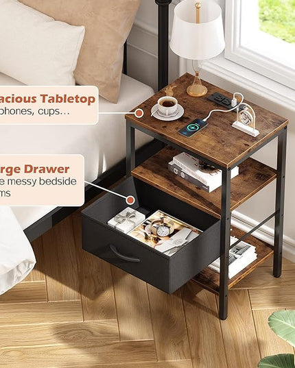 SUPERJARE Nightstand Set of 2, Bed Side Tables with Charging Station, Adjustable Fabric Drawer, Night Stand for Bedroom, 3-Tier Storage End Tables, for Living Room, Rustic Brown and Black - LeafyLoom