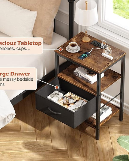 SUPERJARE Nightstand with Charging Station, Bed Side Table with Adjustable Fabric Drawer, Night Stand for Bedroom, 3-Tier Storage End Table, for Living Room, Rustic Brown and Black - LeafyLoom