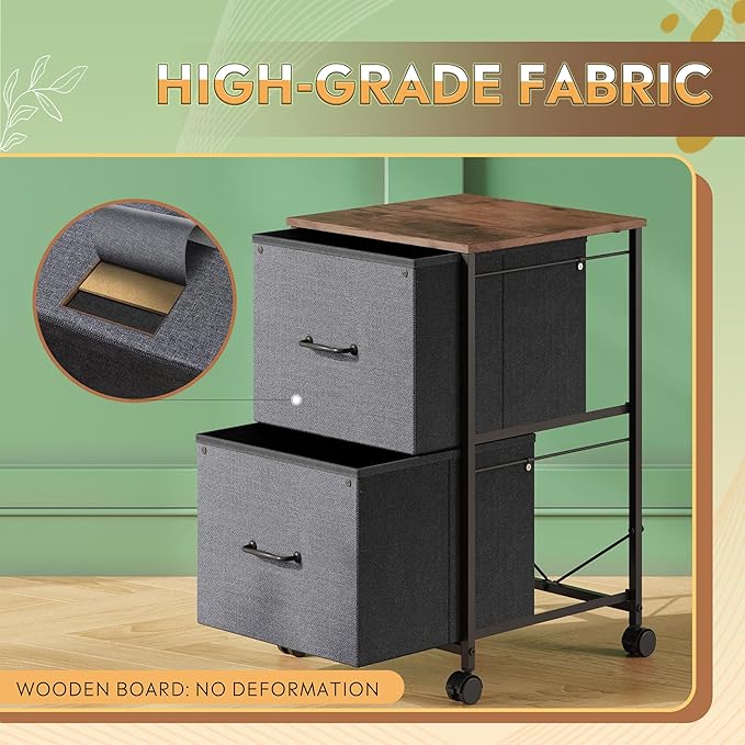 DEVAISE 2 Drawer Mobile File Cabinet, Rolling Printer Stand, Fabric Vertical Filing Cabinet fits A4 or Letter Size for Home Office, Rustic Brown - LeafyLoom
