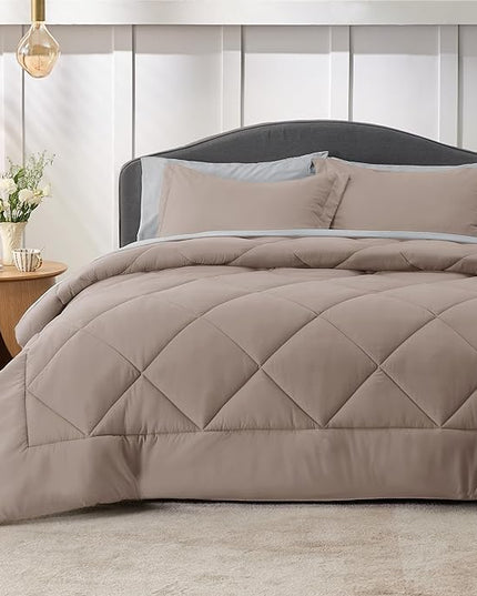 Bedsure Taupe California King Size Comforter Set - 7 Pieces Reversible California King Bed in a Bag King Bed Set with Comforters, Sheets, Pillowcases & Shams, California King Bedding Sets - LeafyLoom