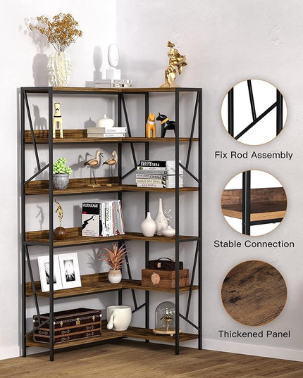 Bookshelf 6 Tier Corner Shelf, 77" Industrial Large Corner Etagere Bookcase, 6-Shelf Tall Corner L Shaped Storage Display Rack for Living Room Home Office - LeafyLoom