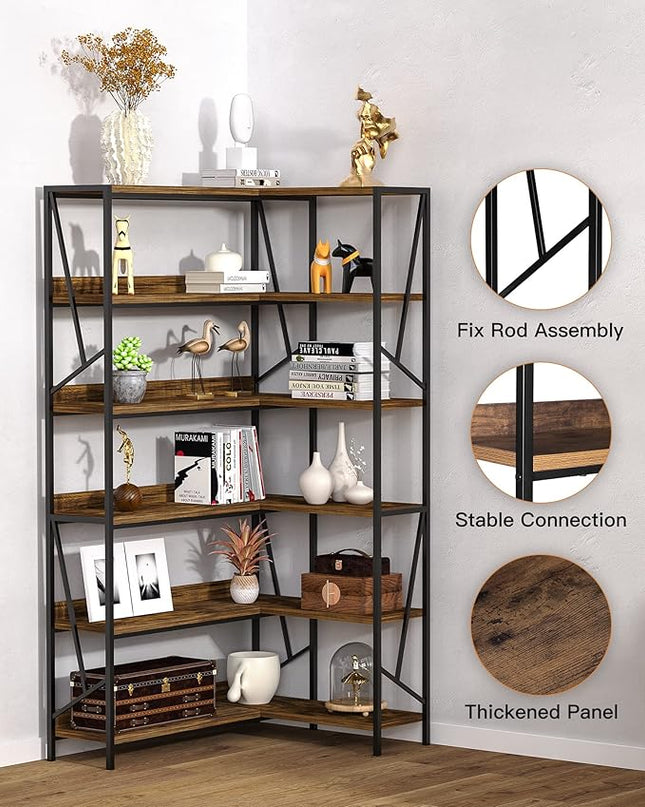 Bookshelf 6 Tier Corner Shelf, 77" Industrial Large Corner Etagere Bookcase, 6-Shelf Tall Corner L Shaped Storage Display Rack for Living Room Home Office - LeafyLoom