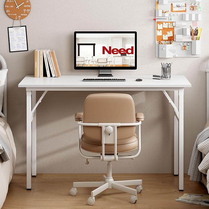 Need Folding Desk for Home Office 39-3/8" Length Modern Folding Table Computer Desk No Install Needed White Color Desktop White Frame AC5DW(100 * 60) - LeafyLoom