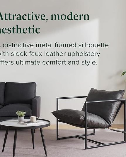 ZINUS Aidan Faux Leather Sling Accent Chair, Metal Framed Armchair with Shredded Foam Cushioning, Slate Grey - LeafyLoom