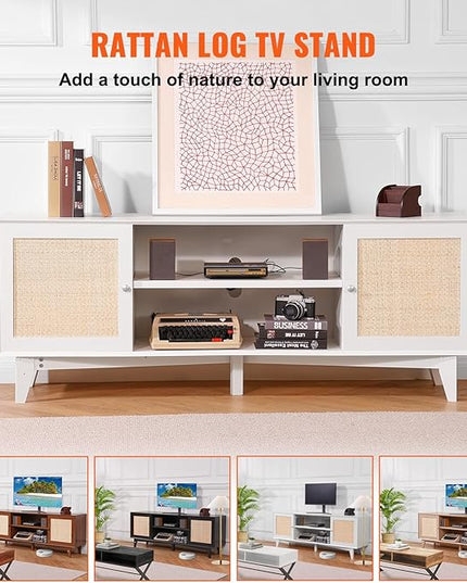 VEVOR Rattan TV Stand for 75in TV, Boho TV Stand with Rattan Door, Entertainment Center with Build-in Socket, Storage Cabinet with 2 Shelves, Modern TV Console for Living Room, Media Room, White - LeafyLoom