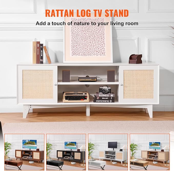 VEVOR Rattan TV Stand for 75in TV, Boho TV Stand with Rattan Door, Entertainment Center with Build-in Socket, Storage Cabinet with 2 Shelves, Modern TV Console for Living Room, Media Room, White - LeafyLoom