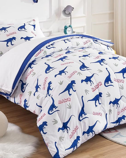 SLEEP ZONE Cartoon Dinosaur Comforter Set, Dark Blue Kids Bedding Set for Boys, Dinosaurs Print Comforter, Sheet, Pillowcase & Sham (Dinosaur Footprints, Twin) - LeafyLoom