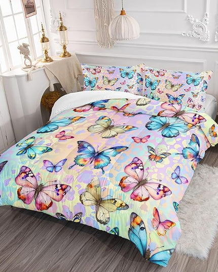 Datura home Kids Comforter Set Butterfly Printed Pattern Bedding Set with 1 Comforter and 2 Pillowcases for Girls Boys Bedroom All Season(Butterfly0 Queen) - LeafyLoom