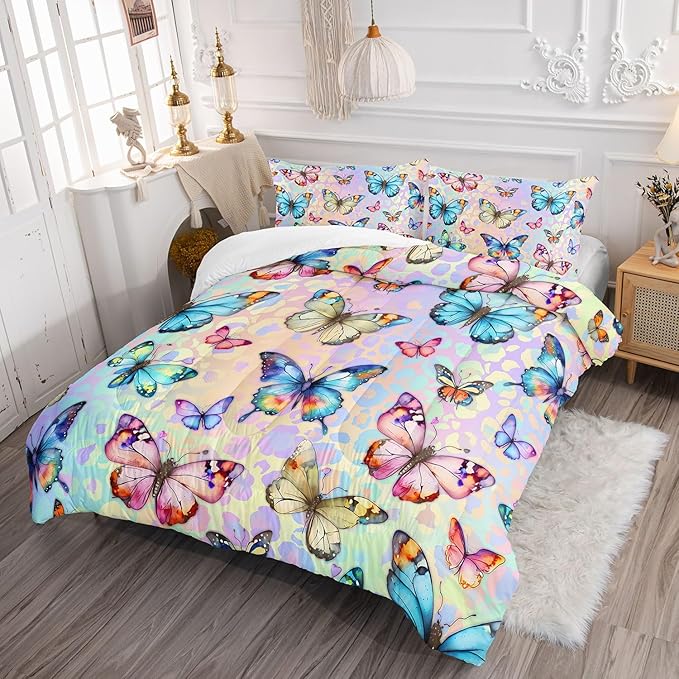 Datura home Kids Comforter Set Butterfly Printed Pattern Bedding Set with 1 Comforter and 2 Pillowcases for Girls Boys Bedroom All Season(Butterfly0 Full) - LeafyLoom