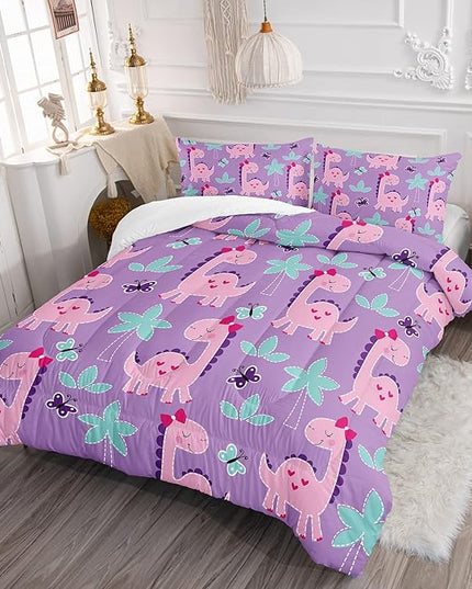 Axolotl Cute Dinosaur Comforter Set Full Size,Girls Bedding Cartoon Dinosaur Bedding Set for Girls Teens Kids Boys Adults Room Decor,Kids Comforter Set All Season,1 Quilt 2 Pillow Cases,Purple - LeafyLoom