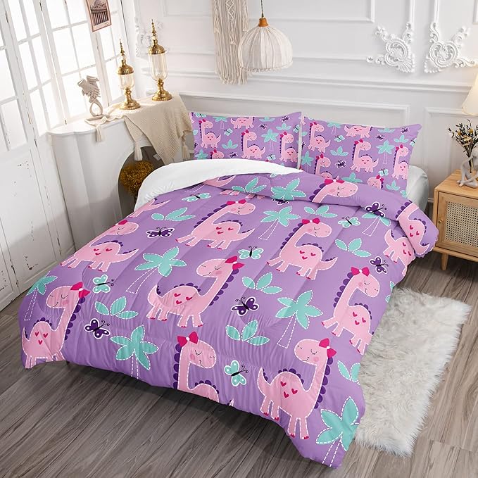 Axolotl Cute Dinosaur Comforter Set Full Size,Girls Bedding Cartoon Dinosaur Bedding Set for Girls Teens Kids Boys Adults Room Decor,Kids Comforter Set All Season,1 Quilt 2 Pillow Cases,Purple - LeafyLoom
