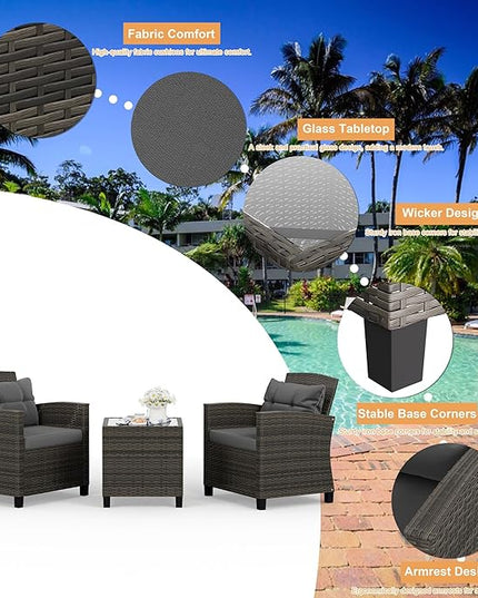 Shintenchi 3 Pieces Patio Furniture Set 3 Pieces PE Rattan Wicker Chairs with Table Outdoor Furniture for Backyard/Garden/Poolside/Outdoor Restaurant Gary Rattan with Gary Cushion - LeafyLoom