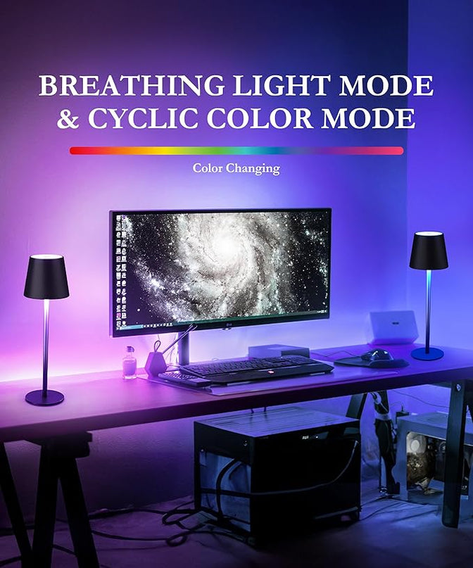 2-Pack 5200mAh RGB Cordless Table Lamp, RGB 8 Modes & Touch Control Rechargeable Battery Desk Lamp, IP54 Waterproof Battery Operated Lamp for Bedroom/Outdoor/Restaurant/Camping/Bars (Black) - LeafyLoom