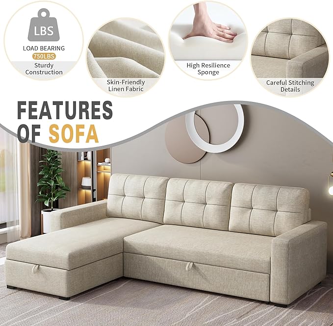 81.5" Sectional Sleeper Sofa with Storage Chaise, L Shaped Pull Out Couch Bed with 3 Removable Back Cushion for Living Room, Apartment,Office,Beige - LeafyLoom