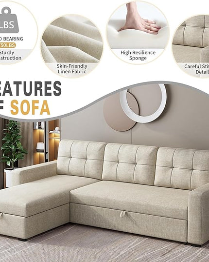 Ball & Cast 81.5'' L-Shape Convertible Sleeper Sofa,Sectional Living Room,with Pull Out Bed and Storage Recliner,Reversible Couch for Bedroom,Office, Beige - LeafyLoom