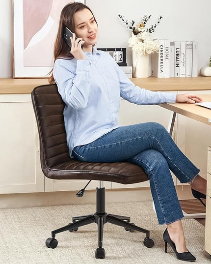 Furniliving Leather Home Office Chair, Armless Vanity Desk Task Chair with Wheels 360° Swivel Computer Rolling Desk Chair with Back, Adjustable Accent Chair with Gold Metal Base Stool - LeafyLoom