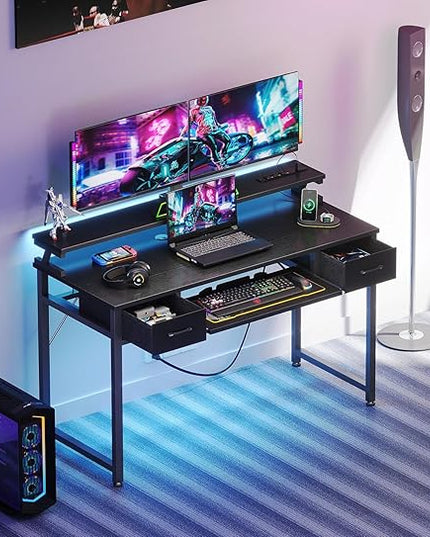 ODK Computer Desk with Drawers, 48 Inch Gaming Desk with Power Outlet, Office Desk with Keyboard Tray, Study Table Work Desk with Monitor Shelf, Writing Desk PC Desk for Home Office, Black - LeafyLoom
