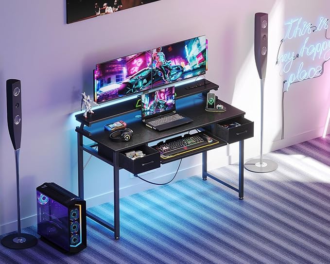 ODK Computer Desk with Drawers, 48 Inch Gaming Desk with Power Outlet, Office Desk with Keyboard Tray, Study Table Work Desk with Monitor Shelf, Writing Desk PC Desk for Home Office, Black - LeafyLoom