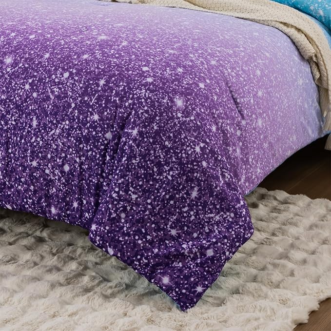 Holawakaka Kids Space Star Glitter Comforter Set Queen Size Girls Ombre Blue & Purple Print Gradient Teens Bedding Set Teens Galaxy Bed Sets (Blue purple, Full) - LeafyLoom